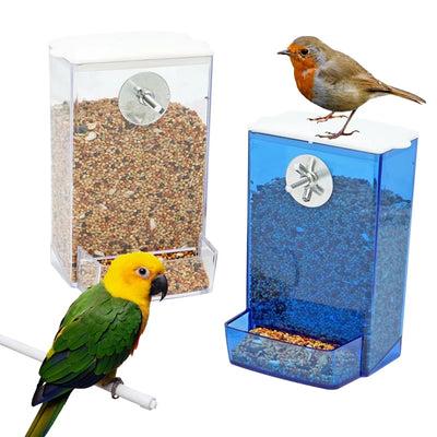 tansparent bird feeding box with dustproof lid – anti-spill food dispenser for parrots and small birds."