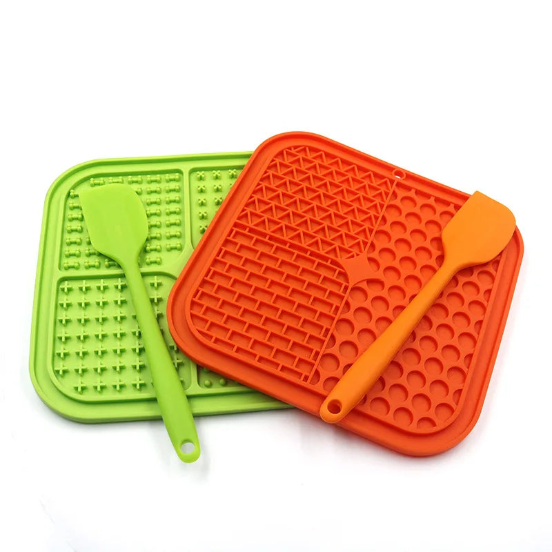 Silicone dog licking mat with suction cups for slow feeding, anxiety relief, and treat dispensing