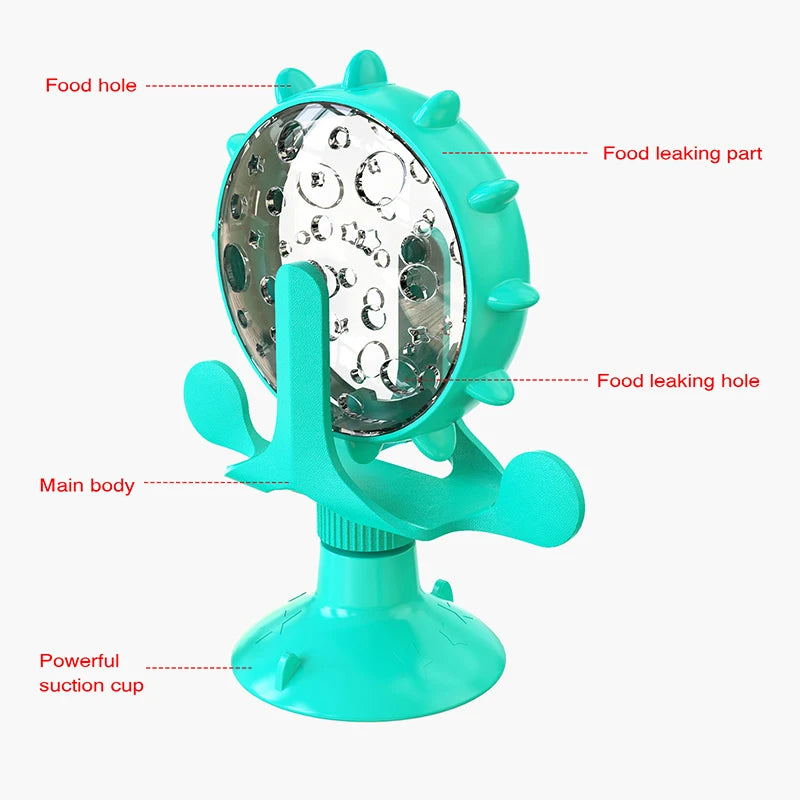 Interactive pet feeding wheel, slow feeder, and food dispensing toy for dogs and cats to encourage healthy eating and mental stimulation