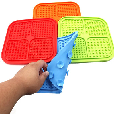 Silicone dog licking mat with suction cups for slow feeding, anxiety relief, and treat dispensing