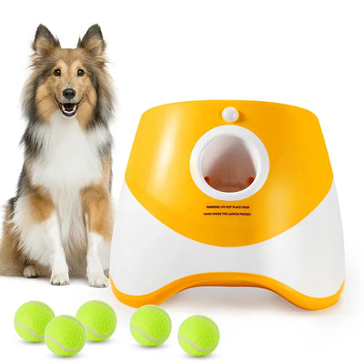 Automatic ball launcher dog thrower with adjustable distance settings from 10 to 30 feet for interactive fetch play