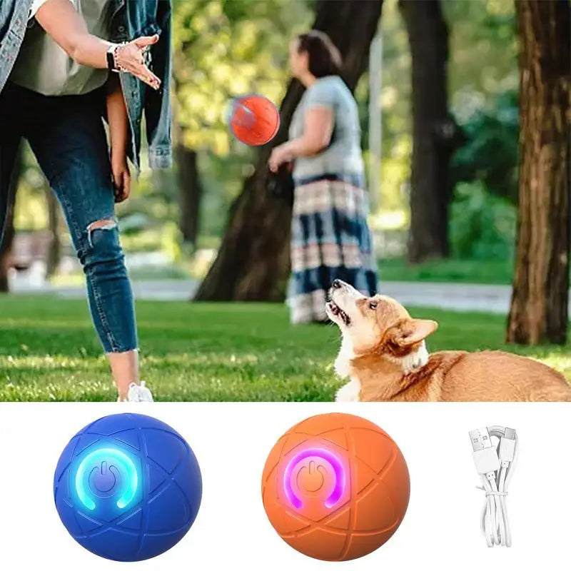 Smart interactive dog toy, automatic moving LED rolling ball for pets, designed to keep dogs entertained and active.