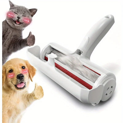 "A white pet hair removal roller with a self-cleaning base, designed for removing cat and dog fur from furniture, carpets, and clothing. The roller features a dual-directional brush and an ergonomic handle for easy use."