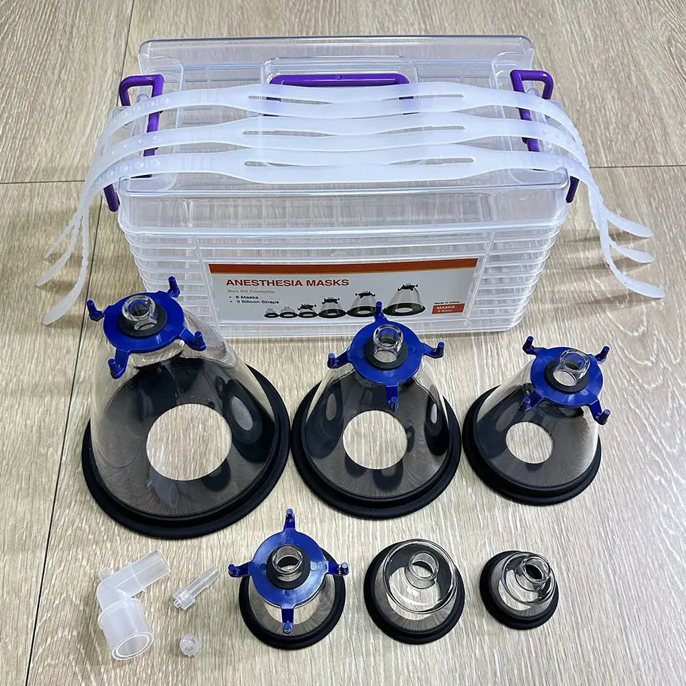 Pet anesthesia and oxygen inhalation mask set for cats, dogs, rabbits, birds, and other animals. Includes 6 sizes of masks, 3 adjustable straps, and a 15mm/22mm standard connector. Designed for use with all respiratory anesthesia machines, suitable for veterinary procedures, oxygen therapy, and nebulization. Durable and ergonomic design for comfortable animal care."