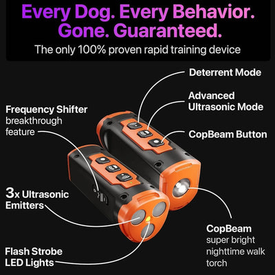 Ultimate ultrasonic dog training and bark control device, designed to stop excessive barking, biting, and unwanted behaviors safely