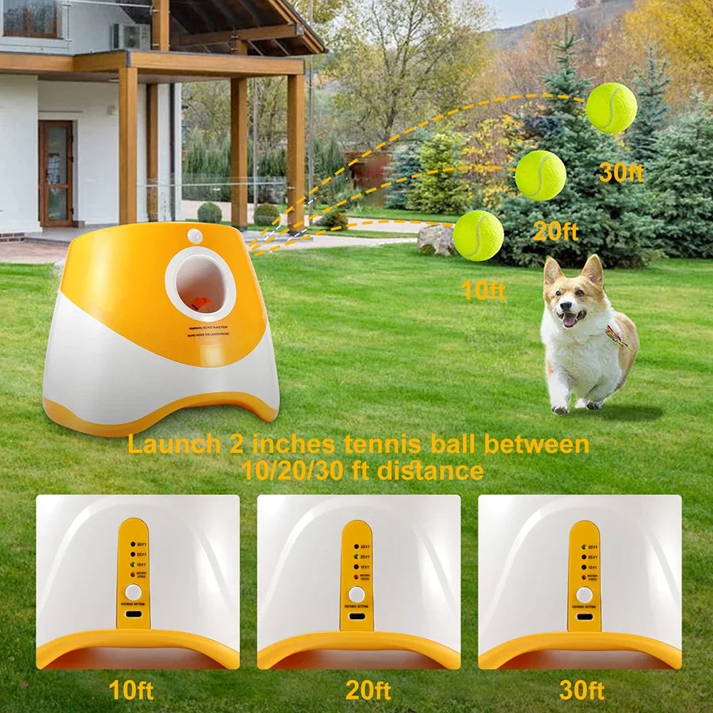 Automatic ball launcher dog thrower with adjustable distance settings from 10 to 30 feet for interactive fetch play