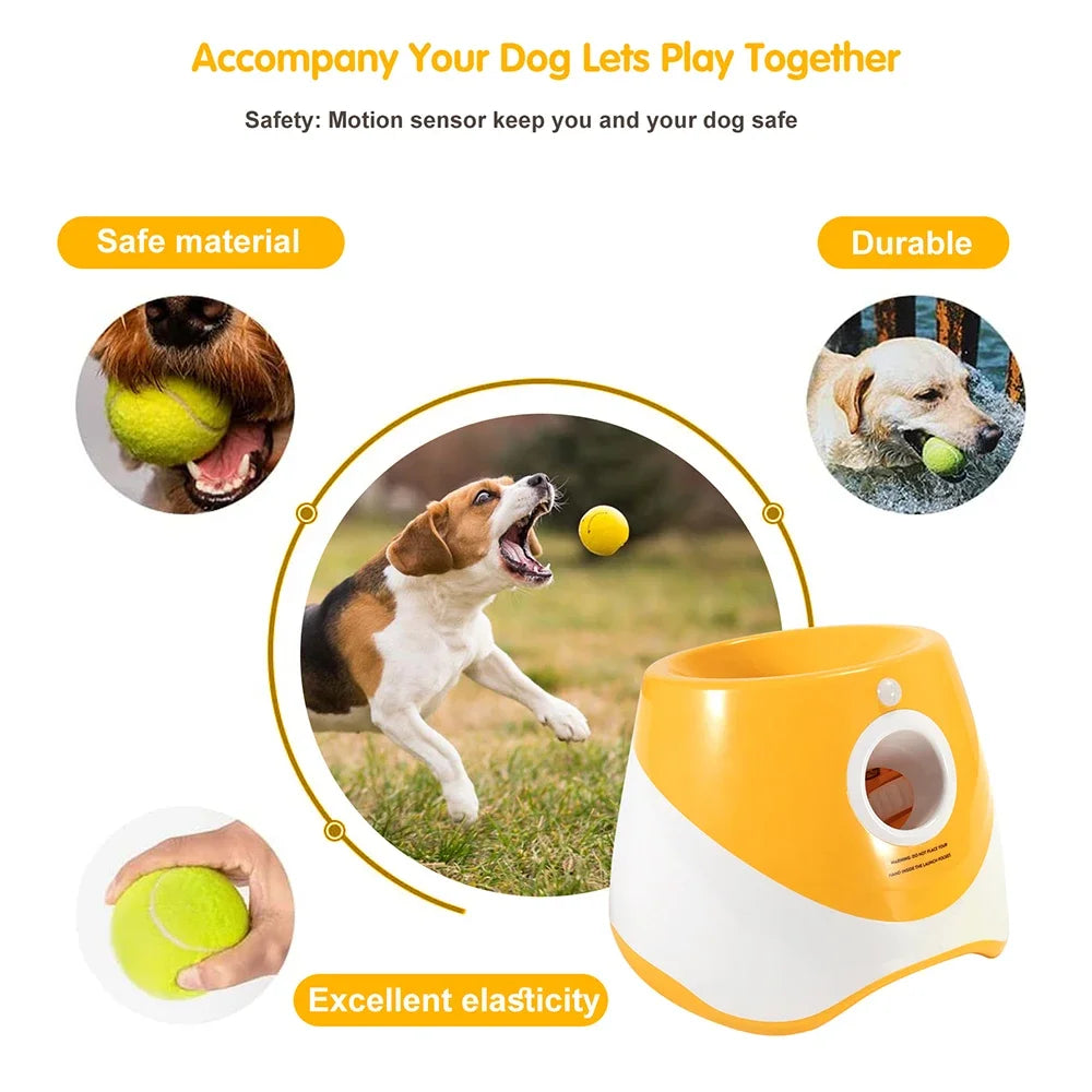 Automatic ball launcher dog thrower with adjustable distance settings from 10 to 30 feet for interactive fetch play