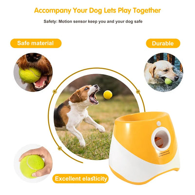 Automatic ball launcher dog thrower with adjustable distance settings from 10 to 30 feet for interactive fetch play