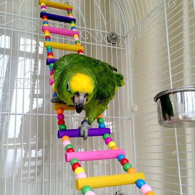 "Wooden bird climbing ladder designed for pet birds like budgies, cockatiels, lovebirds, and parakeets. Made from non-toxic, natural wood with colorful wooden balls for added fun. Sturdy and flexible construction with secure hanging hooks for easy attachment to bird cages. Ideal for exercise, climbing, and interactive play."