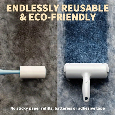 "A white pet hair removal roller with a self-cleaning base, designed for removing cat and dog fur from furniture, carpets, and clothing. The roller features a dual-directional brush and an ergonomic handle for easy use."